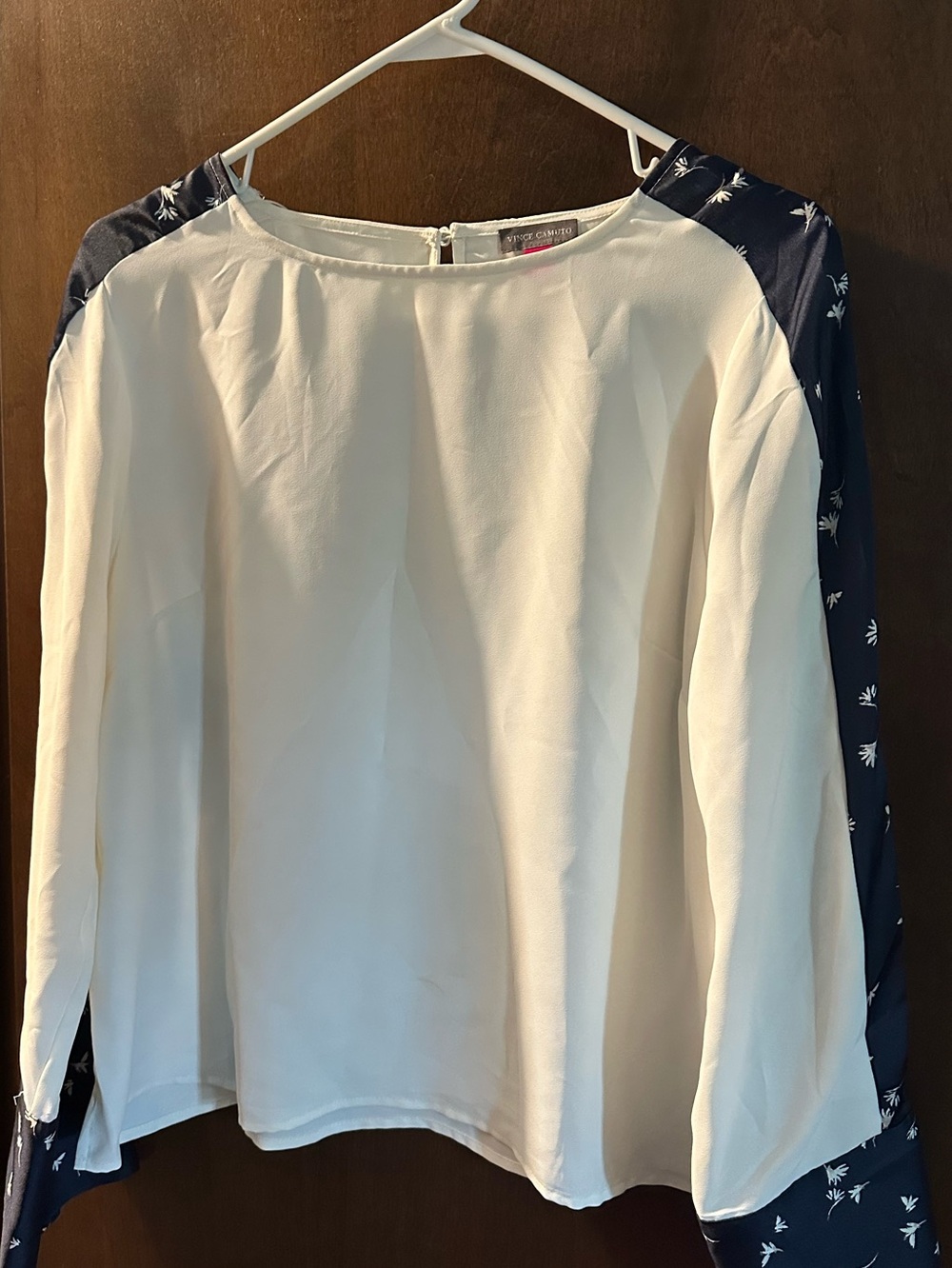 Vince Camuto White Blouse with Navy Floral Sleeves